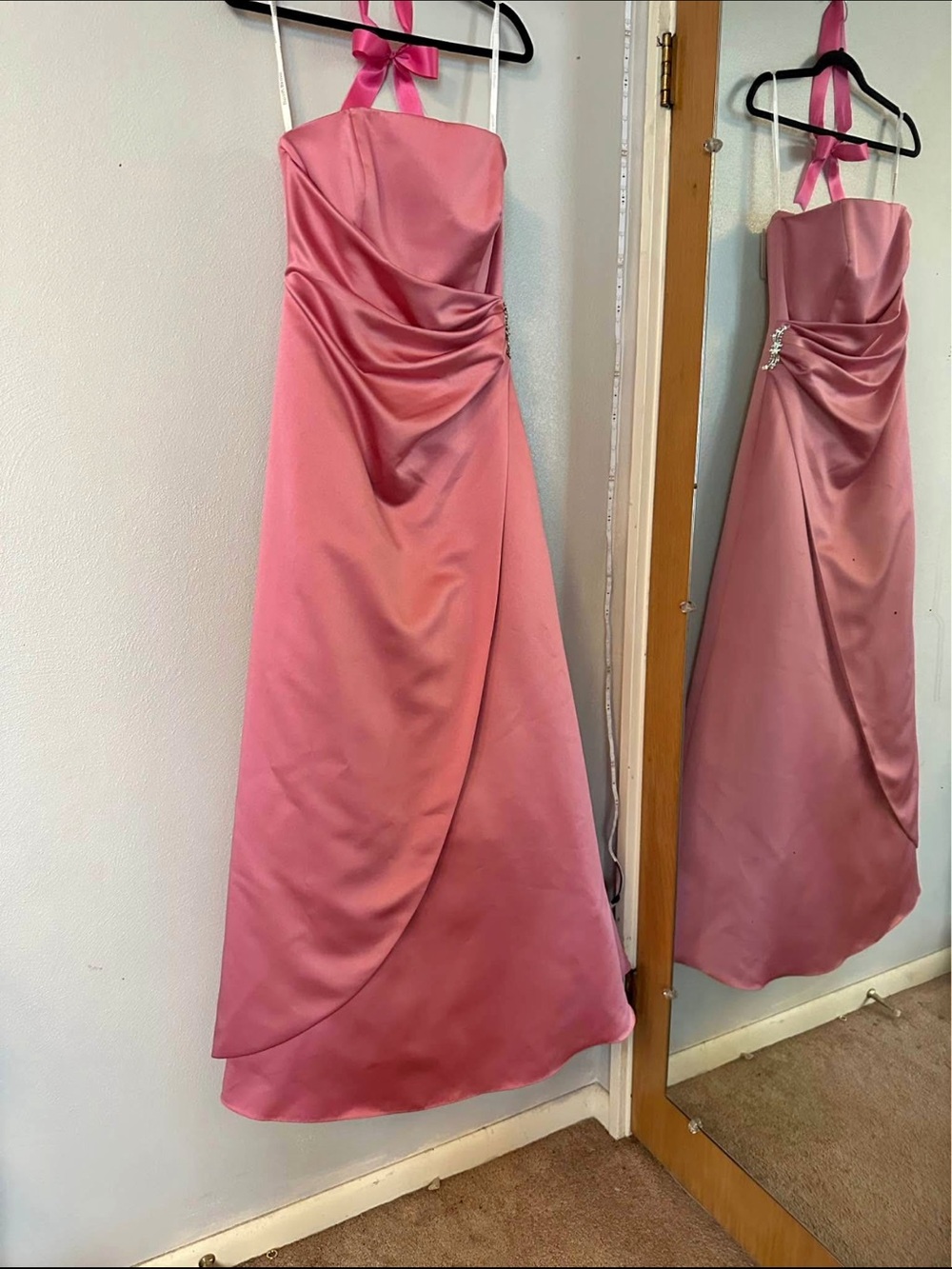 David's Bridal Strapless Rose Pink Satin Gown with Sweetheart Neckline